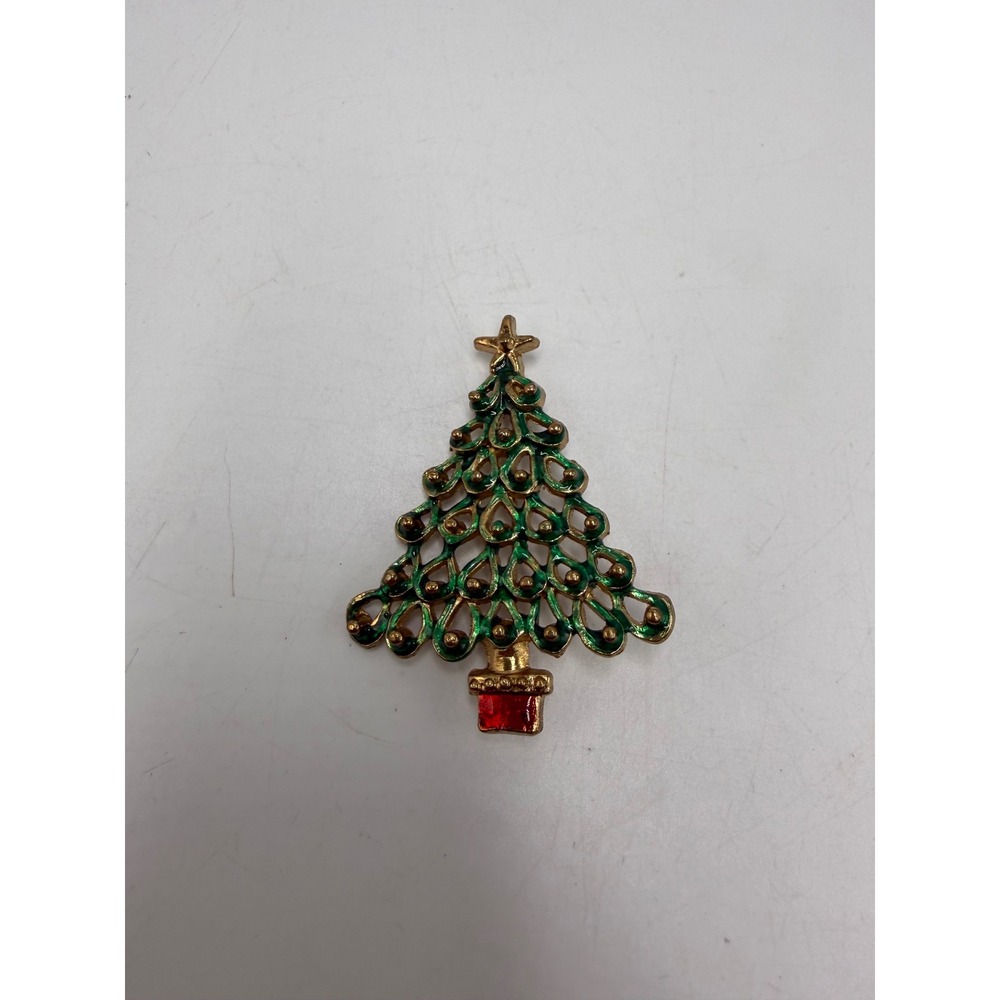 Vtg Gold Tone Green Red Enamel Christmas Tree Star Brooch Pin Holiday Jewelry‎